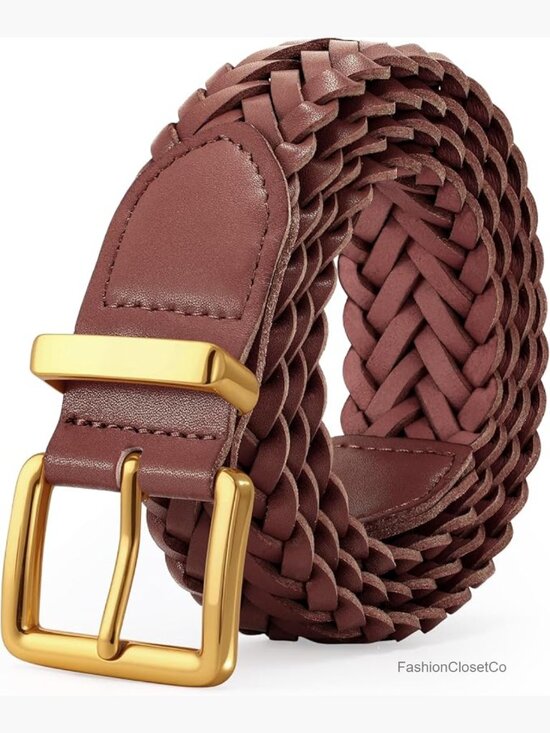 Braided Woven Microfiber PU Leather Belt with Gold Buckle